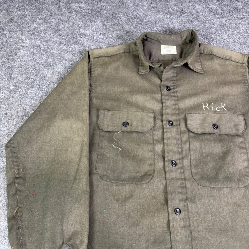 Vintage Permanent Press Work Shirt Olive Green Rick Tree Service Distressed L - Picture 6 of 8
